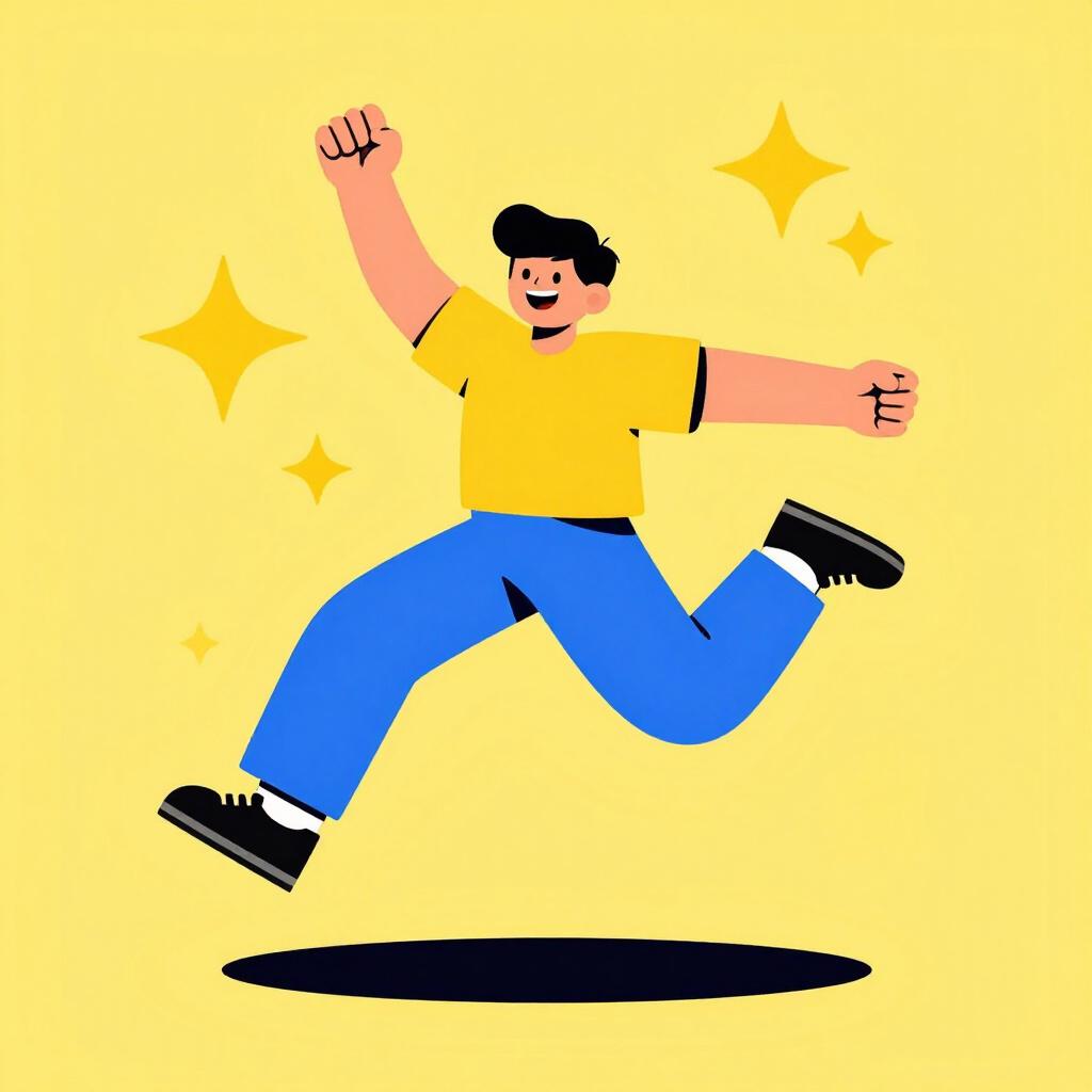 A person jumping high in the air with a very wide smile and energetic expression, surrounded by bright yellow and orange bursts.