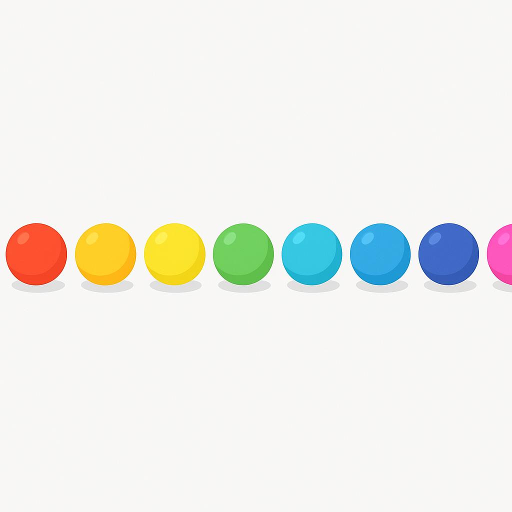 A high quality storybook illustration showing ten identical, brightly colored spheres lined up horizontally on a simple, contrasting background.
