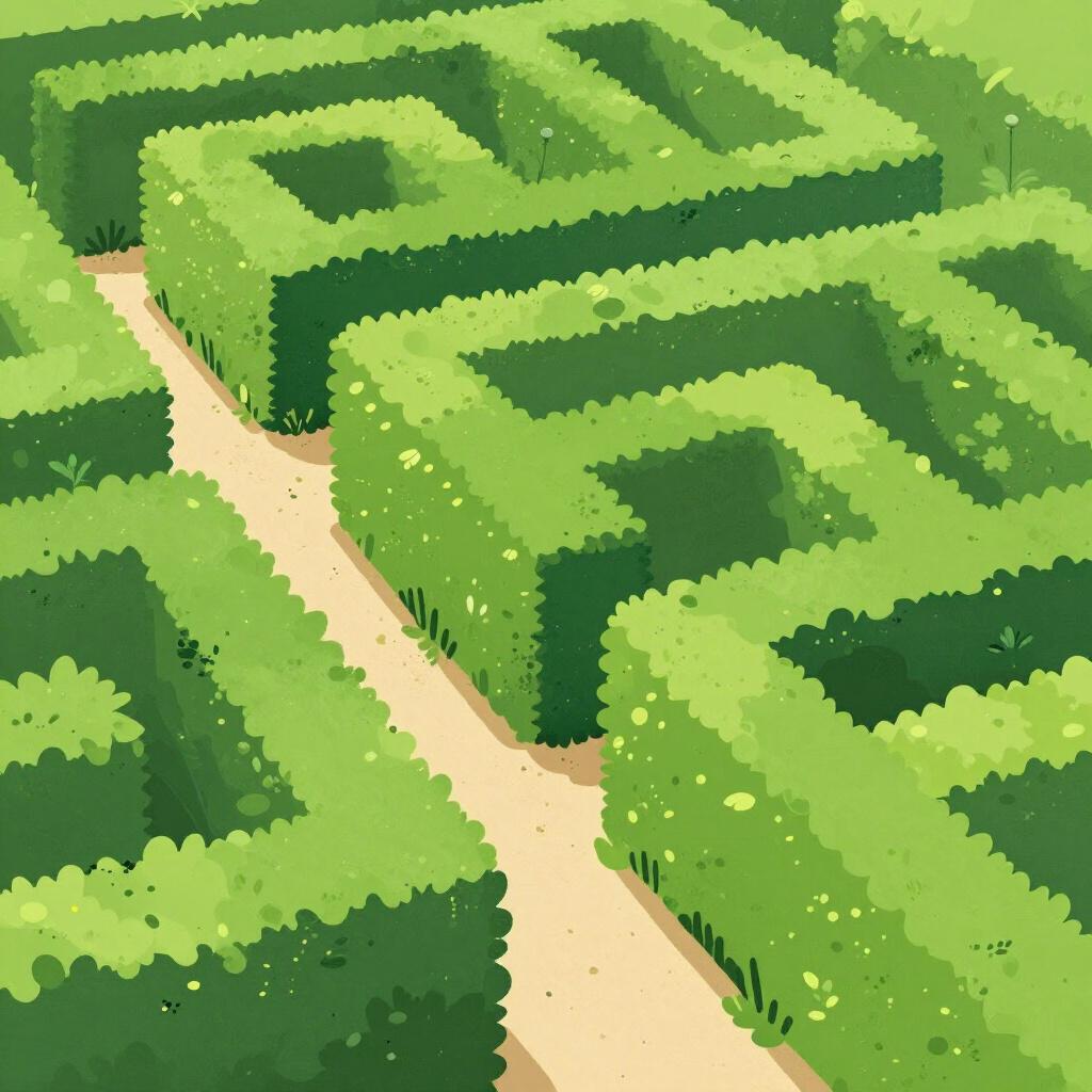 A high-quality colorful storybook illustration of a green garden hedge maze with a clear path leading to the center.