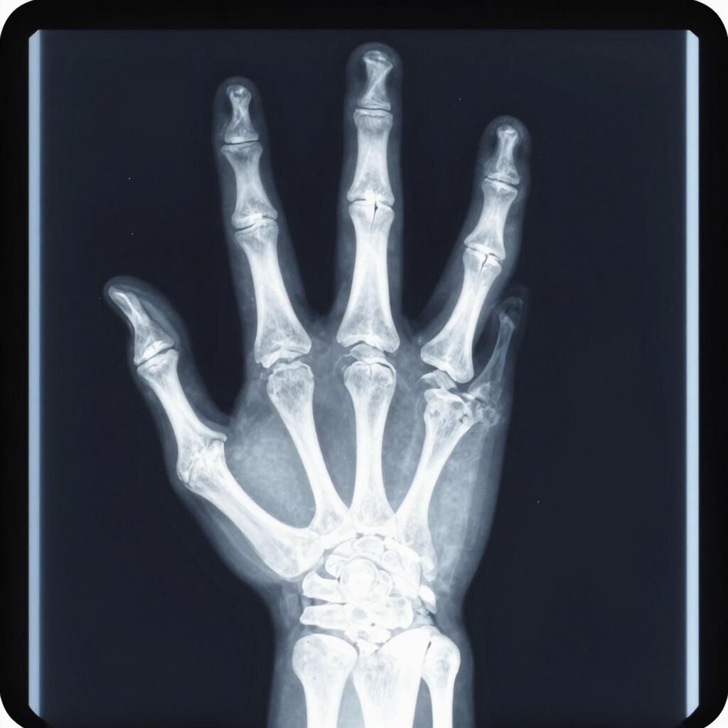 A medical X-ray image showing the white bones of a hand on a dark blue film.