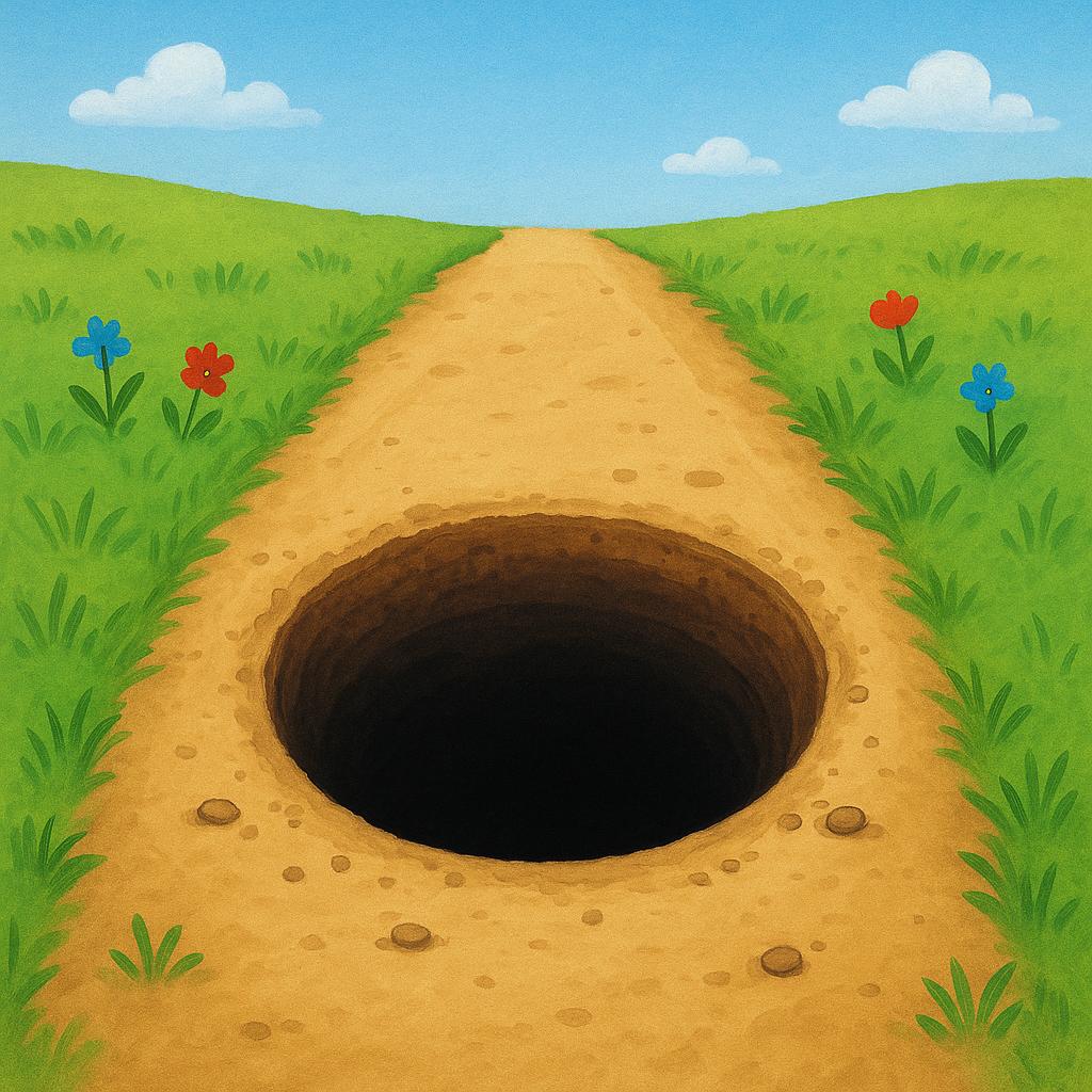 A bright, sunny dirt path suddenly ends at the edge of a very deep, dark, open hole, illustrating a hidden hazard or threat.