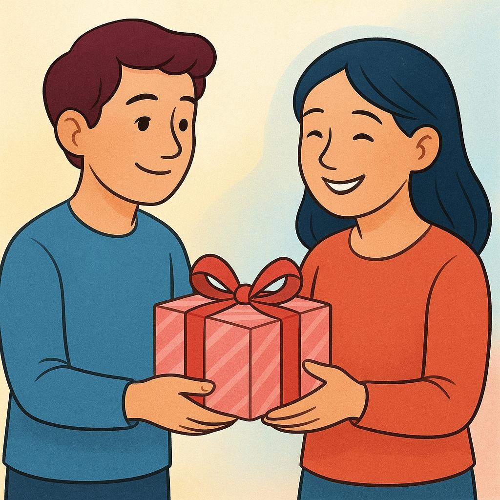 A storybook illustration showing a person smiling happily as they accept a brightly wrapped gift box from someone else's outstretched hand.