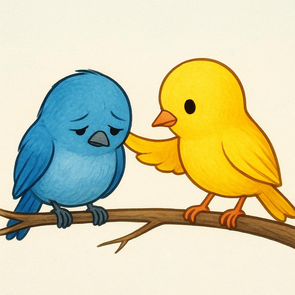 A small, droopy blue bird sitting on a branch looks sad. A bright yellow bird gently nudges the blue bird with its wing, offering encouragement.