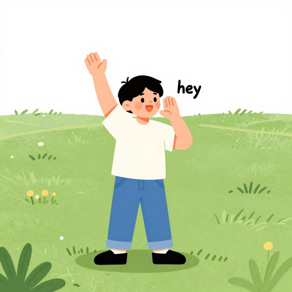 A friendly person waving their arm and cupping their hand around their mouth to call out to someone.