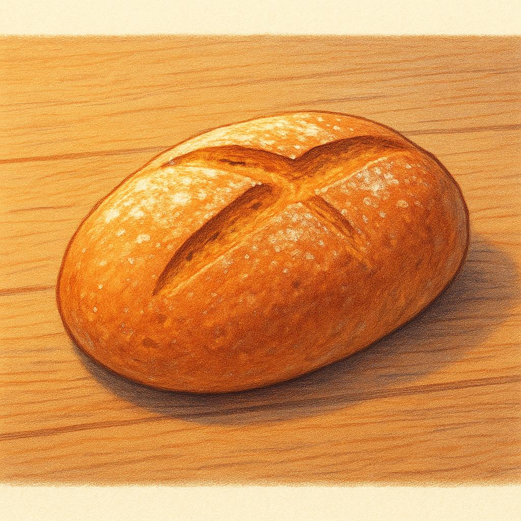 A single, plain loaf of rustic bread placed on a simple wooden table, illuminated by a gentle, glowing golden light from above, symbolizing something consecrated or blessed.