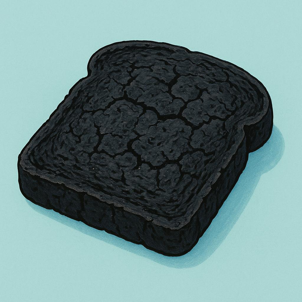 A single slice of toast that is completely blackened and charred due to excessive heat, illustrating physical damage.