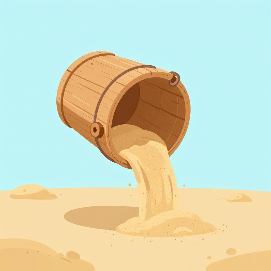 子供が砂浜で小さな木製バケツを逆さまにして砂を落としている様子。