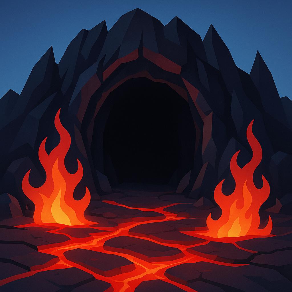 A fiery, deep cavern filled with red and orange lava, featuring tall, jagged black rocks and menacing, shadowy gates, representing the mythological underworld.