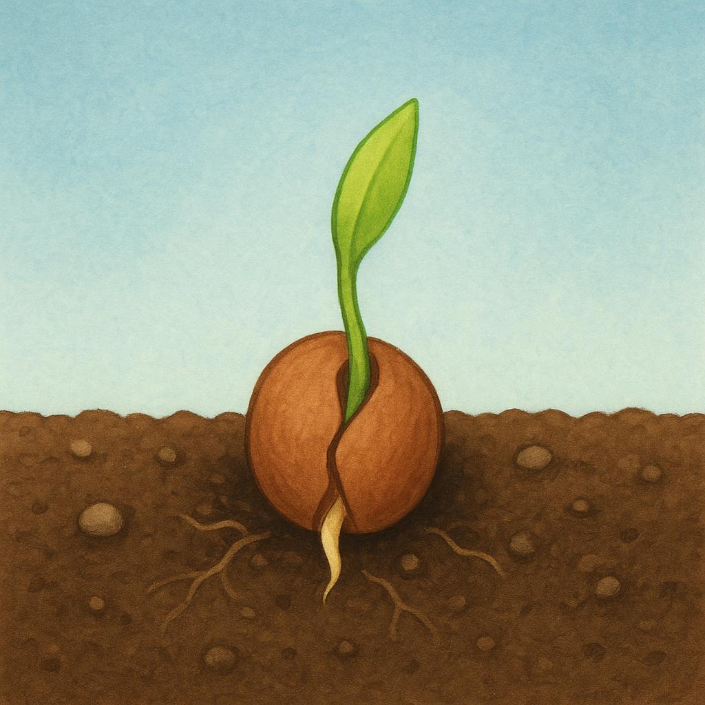 A close-up view of dark soil with a small brown seed beginning to sprout, showing a bright green shoot pushing upward, symbolizing the start of a continuous process.