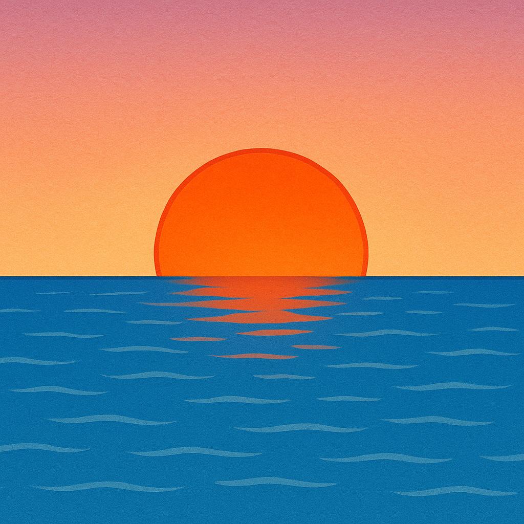 A vibrant orange and yellow sun sinking below a flat blue ocean horizon, illustrating the western direction.