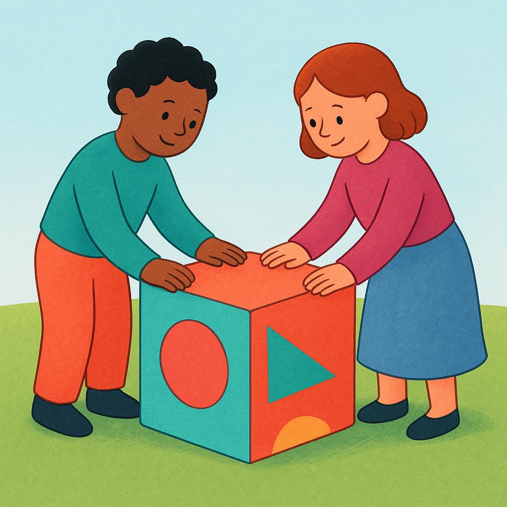 A colorful illustration showing two small stylized figures, working together, carefully setting the very first foundation block onto a patch of empty green grass, symbolizing the beginning of a project.