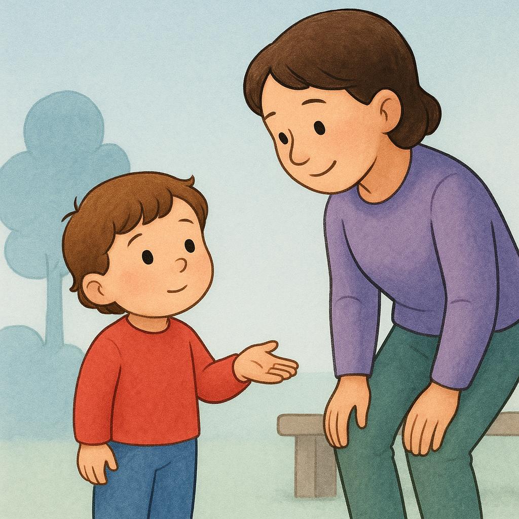 A small child holding out an empty hand towards a slightly taller person, symbolizing asking for something politely.