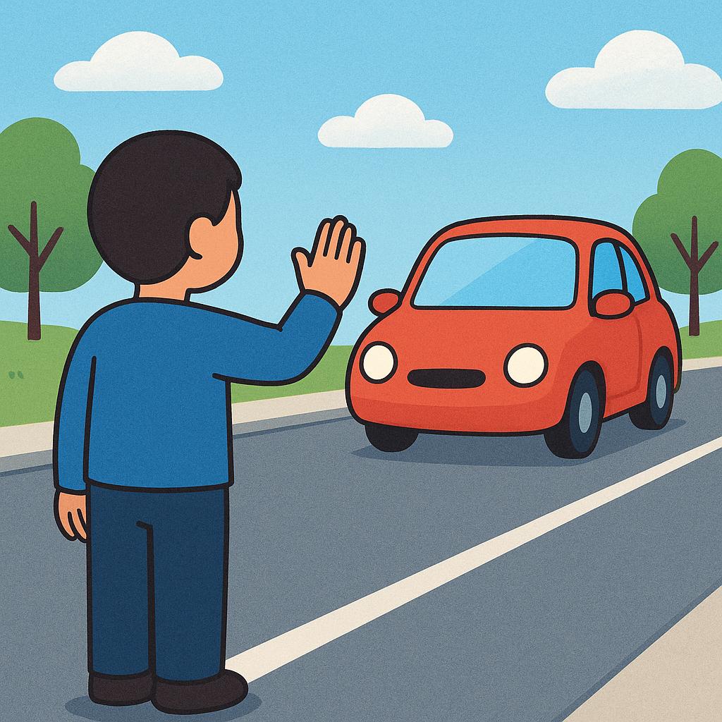 A storybook illustration showing a person standing on a road with their hand held up, palm facing forward, signaling a brightly colored car to halt its movement immediately.