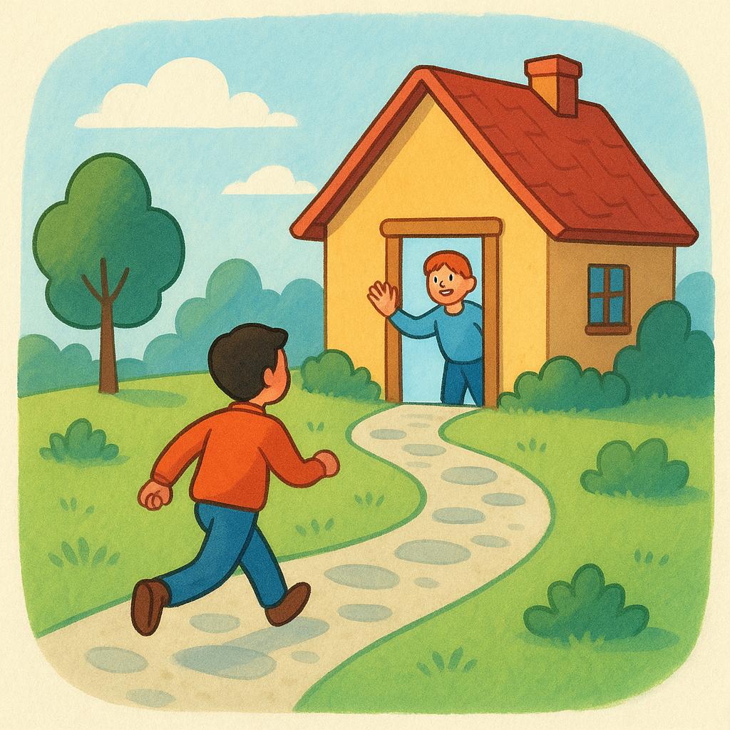 A small figure walks briskly along a winding path towards a brightly lit open doorway of a cozy cottage. A second figure stands in the doorway, waving an inviting hand.