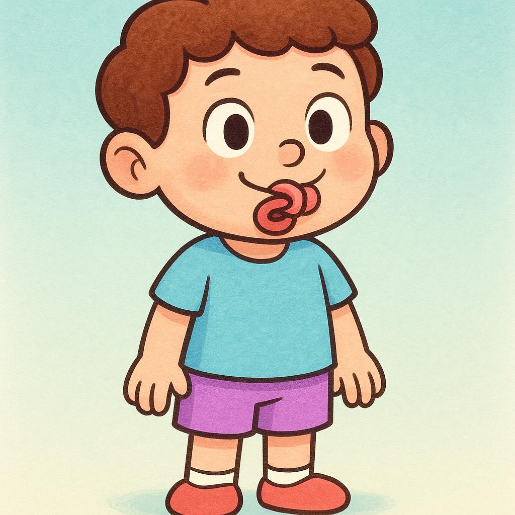 A simple cartoon character standing with a slightly visible, knotted, and tangled tongue, symbolizing deceitful speech or a lying nature.