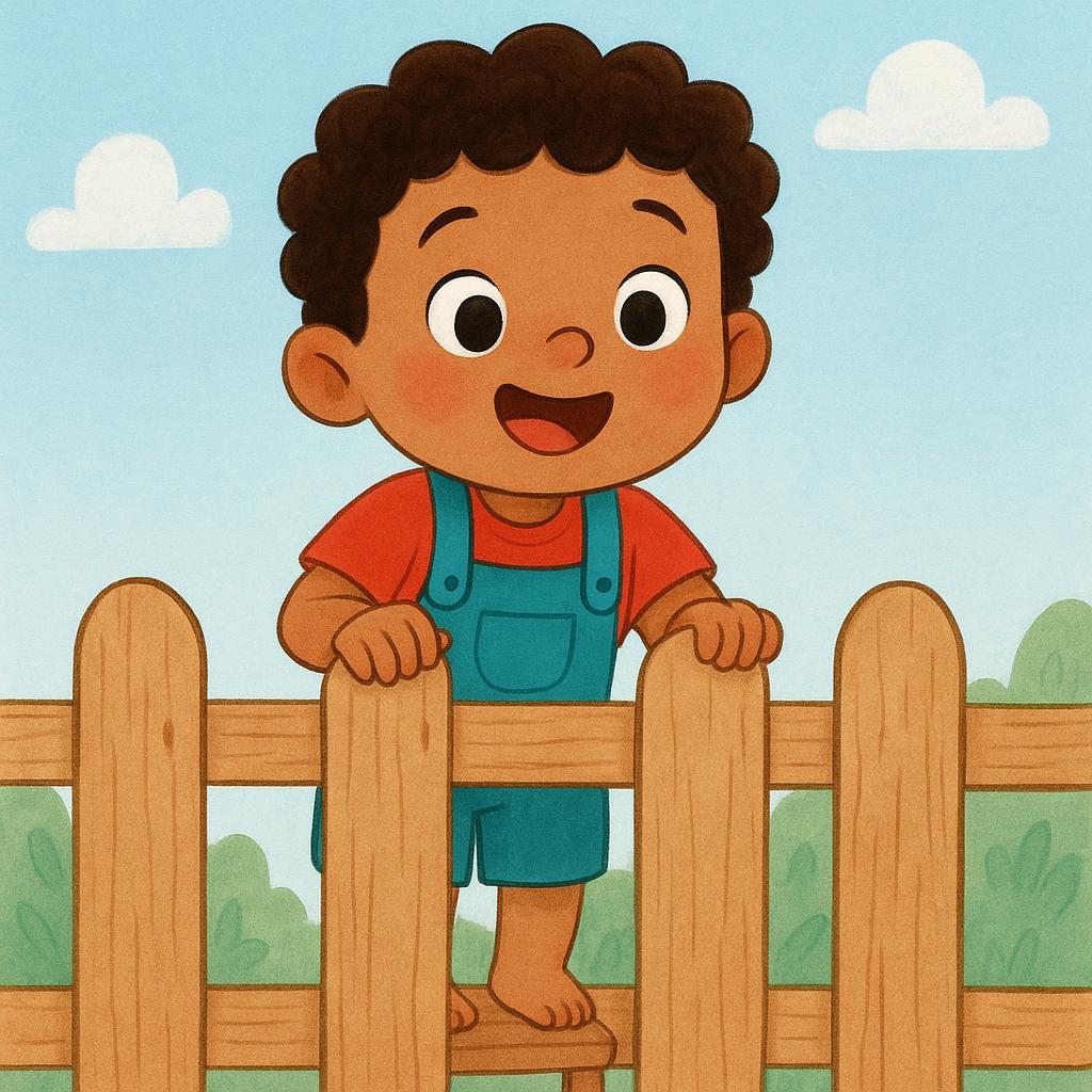 A high quality simple colorful storybook illustration of a small, cheerful child standing on tiptoes, eagerly peering over a low wooden fence with a wide, anticipating smile.