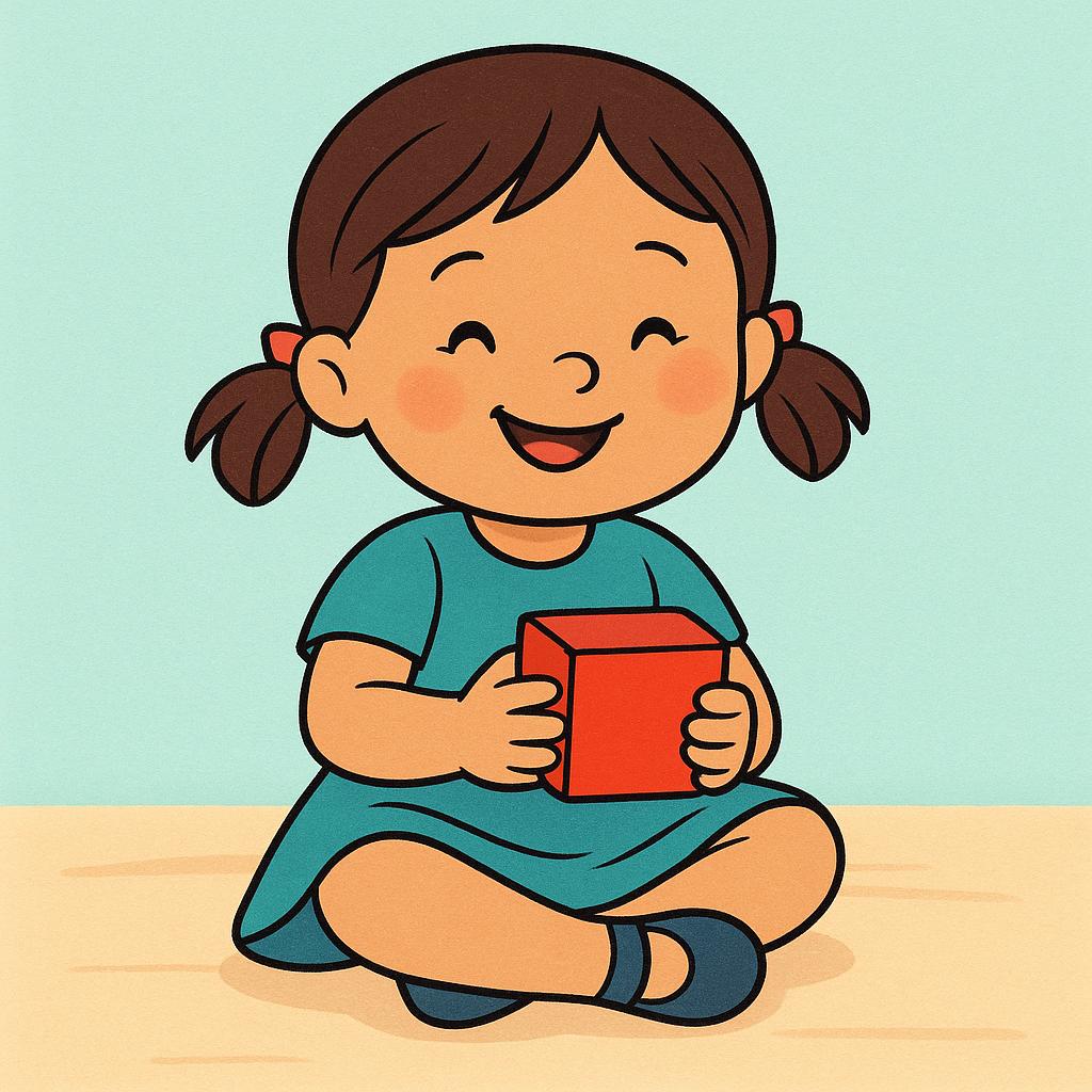 A smiling young girl with pigtails sitting on the floor, playing with a single bright red toy block.