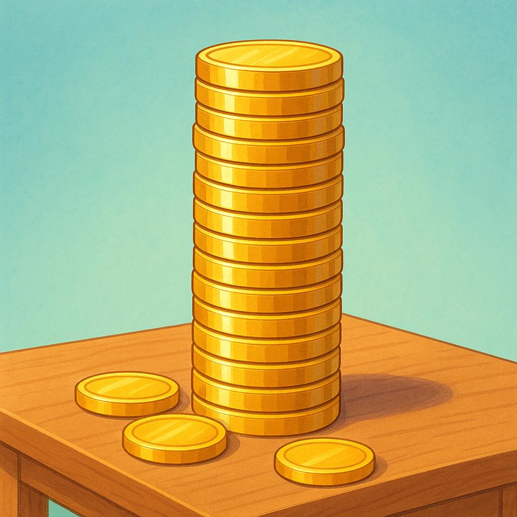A large, neat stack of shiny gold coins resting on a wooden surface, representing a financial surplus.