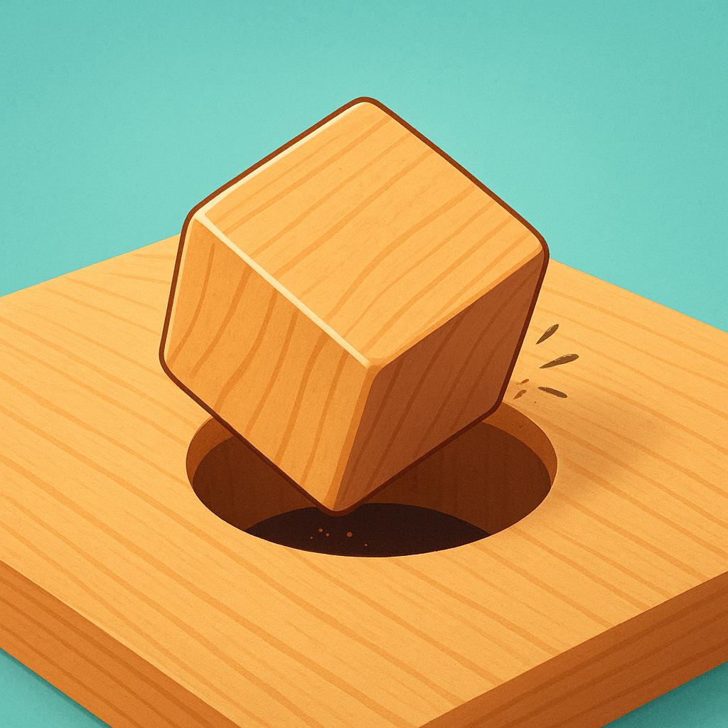 A square wooden peg resting on top of a round wooden hole, illustrating a clear mismatch and failure to fit.