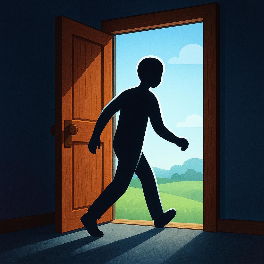 A simplified illustration of a person stepping across a threshold through an open door, exiting a room.