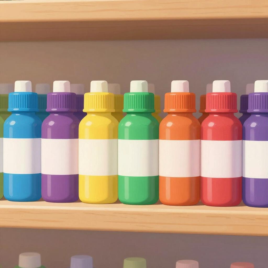 A row of various colorful paint bottles in a spectrum of colors.