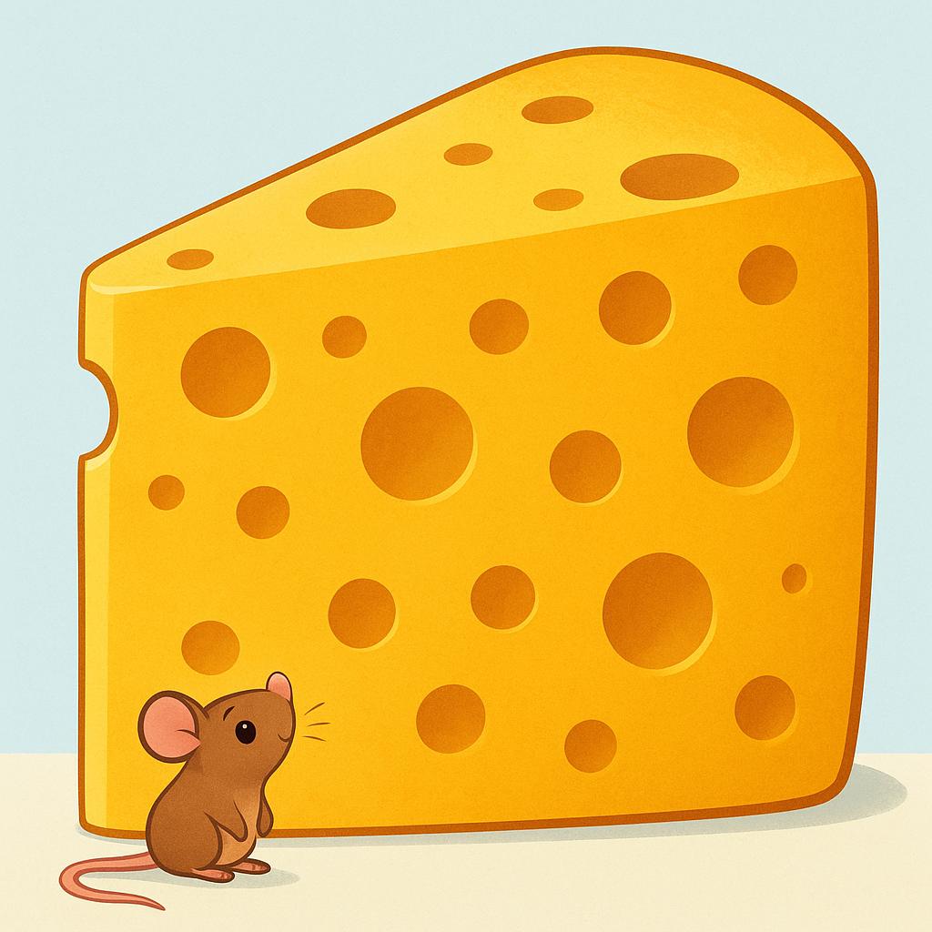 A tiny brown mouse stands at the base of a gigantic wedge of yellow Swiss cheese, emphasizing the massive size of the cheese.