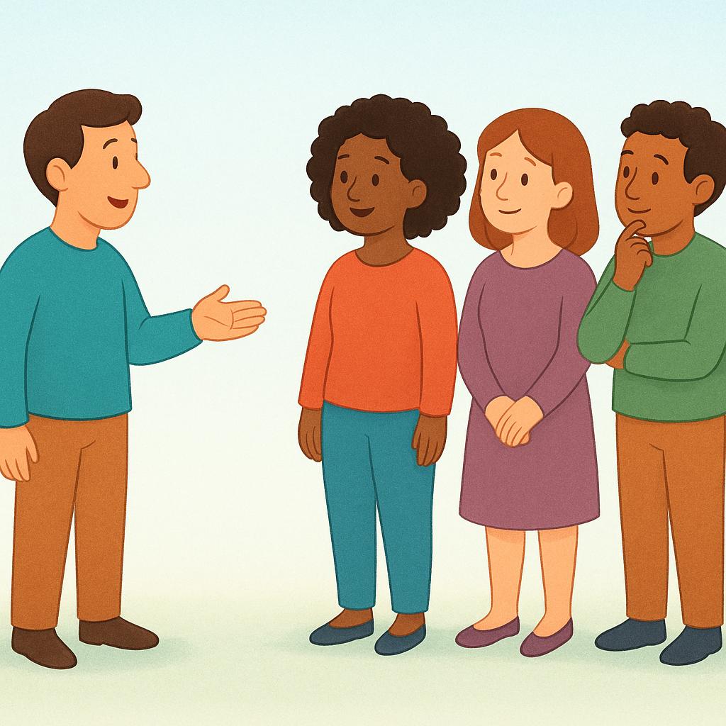 A single person standing on the left, facing and gesturing toward a group of three people on the right, symbolizing addressing 'you' plural.