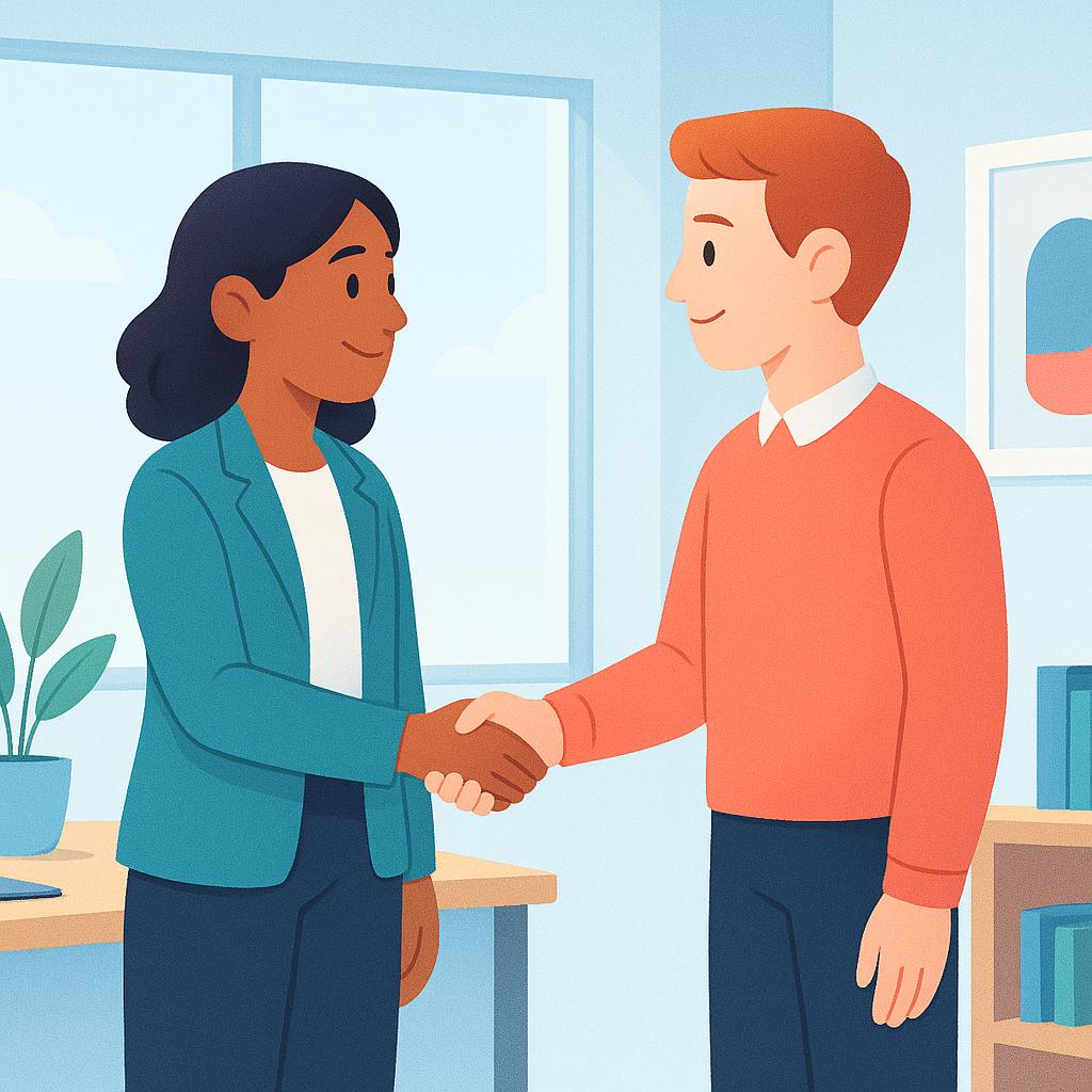 Two people standing face-to-face in a room, shaking hands firmly to signify a direct, physical meeting.