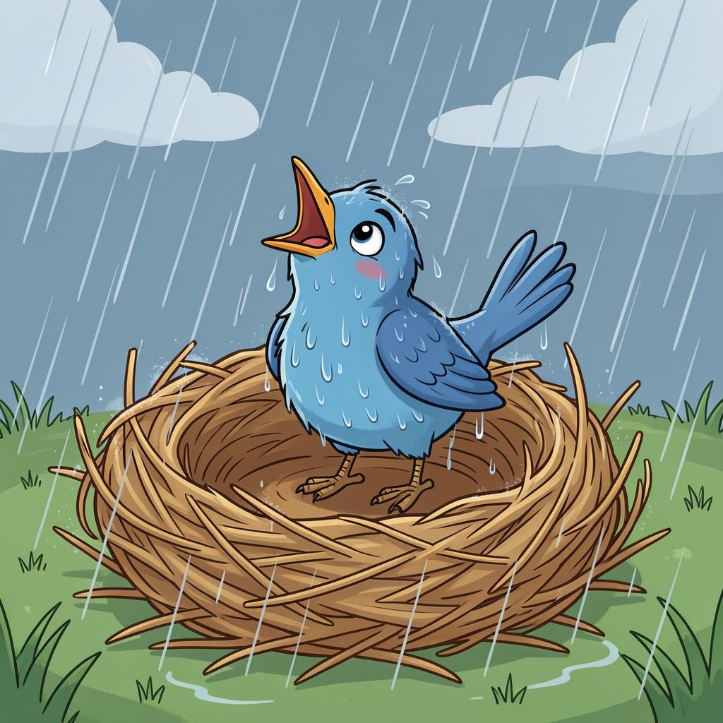 A small bird chirping loudly from an empty nest in the rain, looking up at the sky.