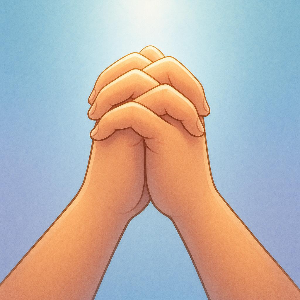 A close-up illustration of two gentle hands clasped together in a posture of prayer or reverence, bathed in a soft, ethereal golden light shining down from above.