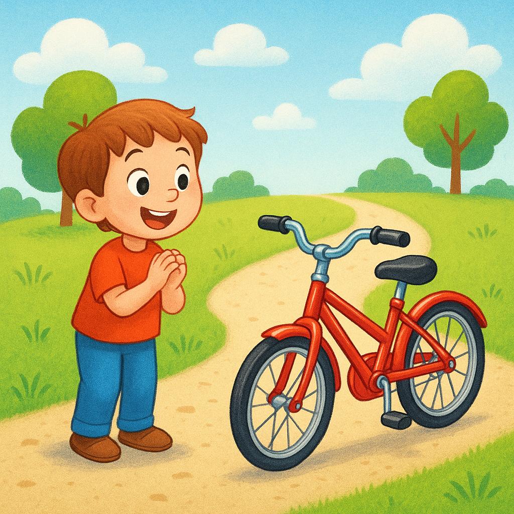 A happy child looking forward excitedly at a brand new, shiny red bicycle waiting for them on a sunlit path, symbolizing future possession.