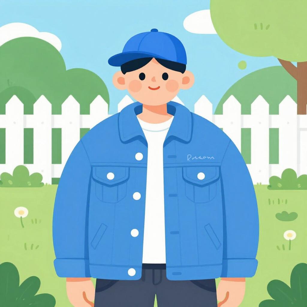 A friendly person wearing a classic blue denim jacket and a baseball cap, smiling in front of a white picket fence.