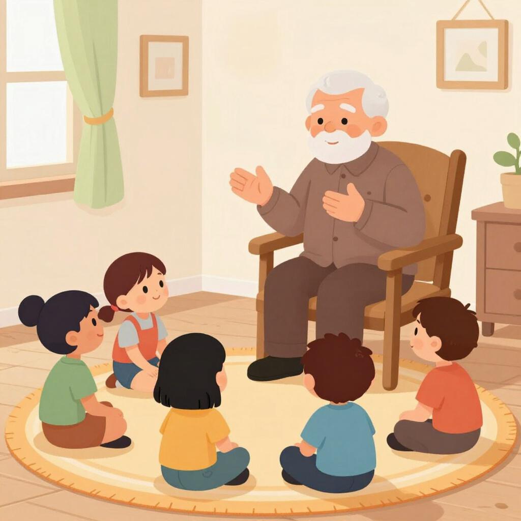 A friendly storyteller sitting in a large armchair, surrounded by a group of attentive children sitting on a rug.