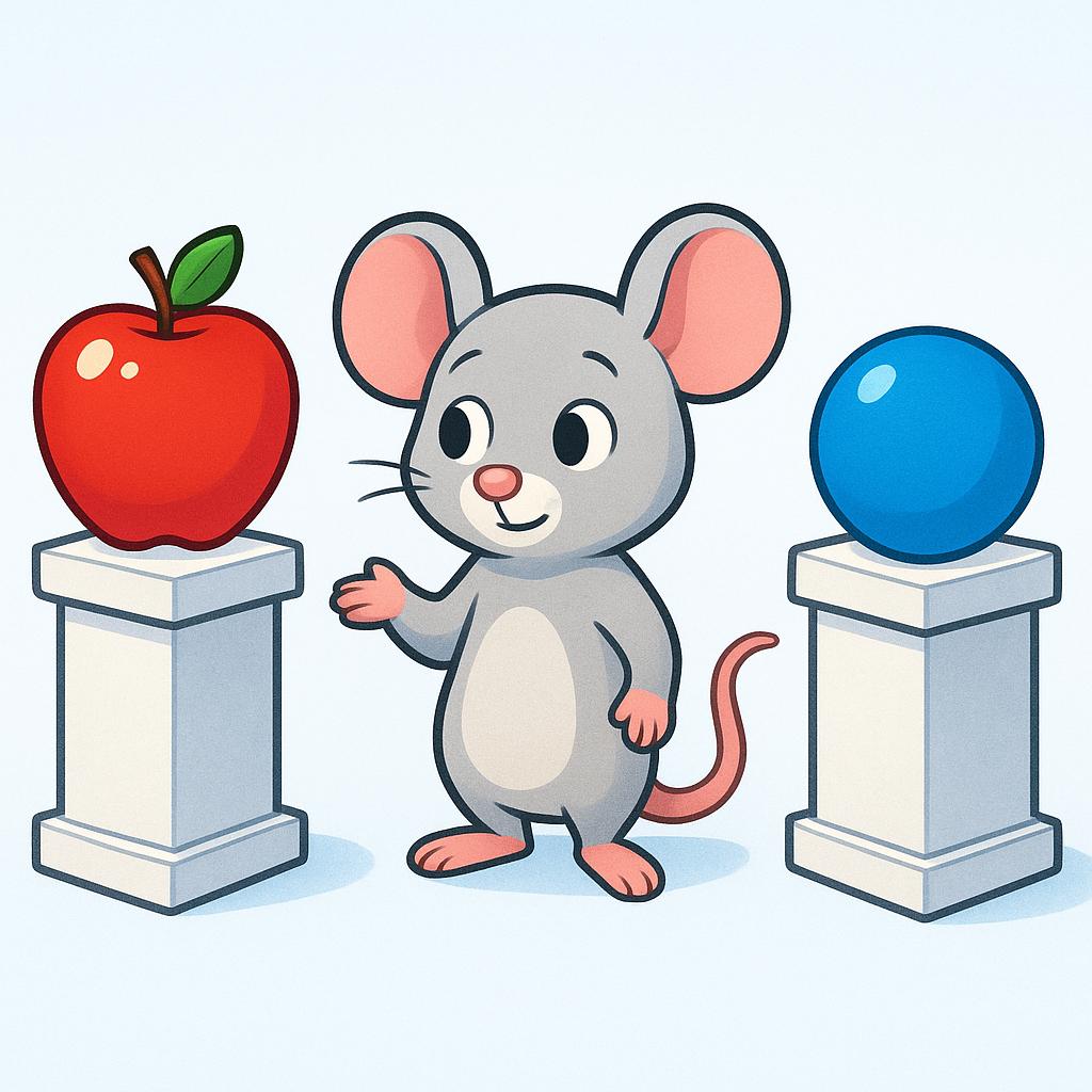 A small, friendly cartoon mouse stands undecidedly between two pedestals. One pedestal holds a shiny red apple, and the other holds a bright blue ball, symbolizing a choice.