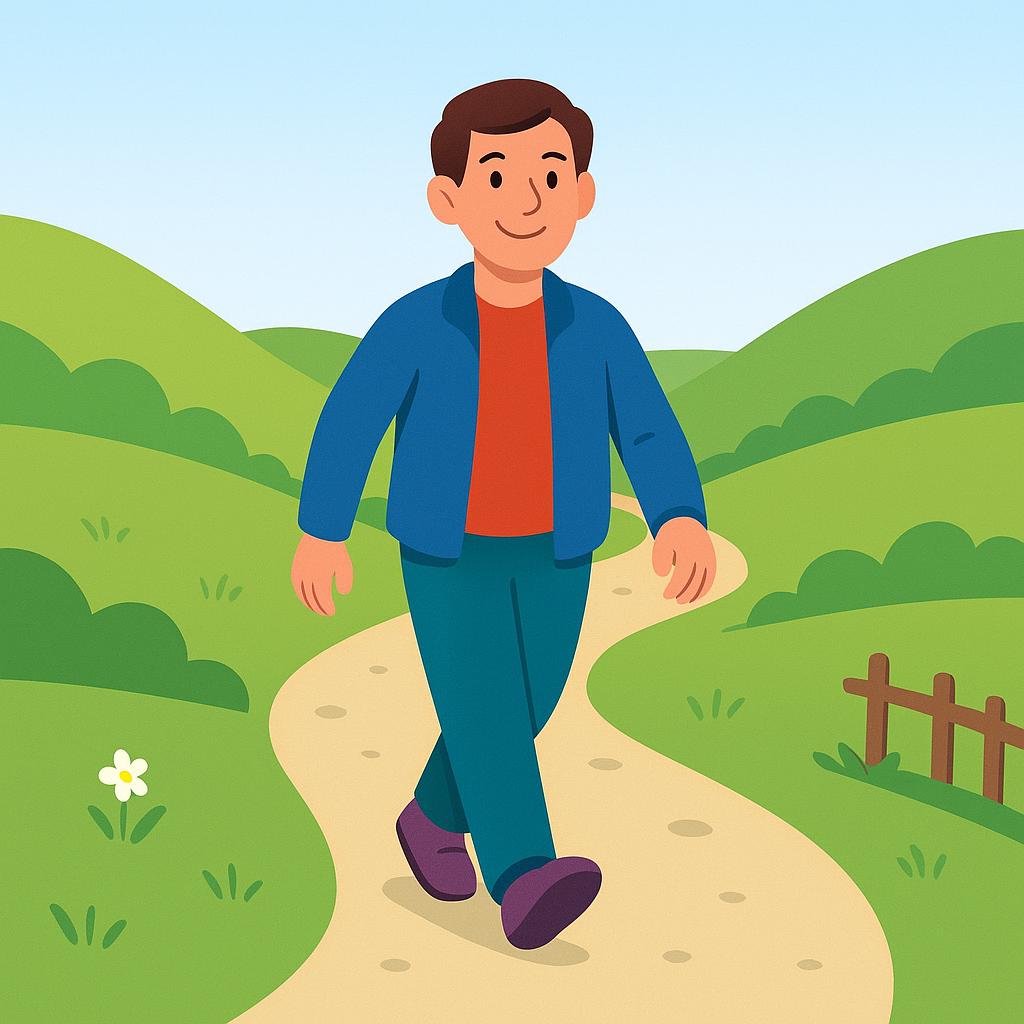 A single, cheerful person is walking quickly down a winding path toward the foreground, carrying a small suitcase, suggesting arrival or movement toward a destination.