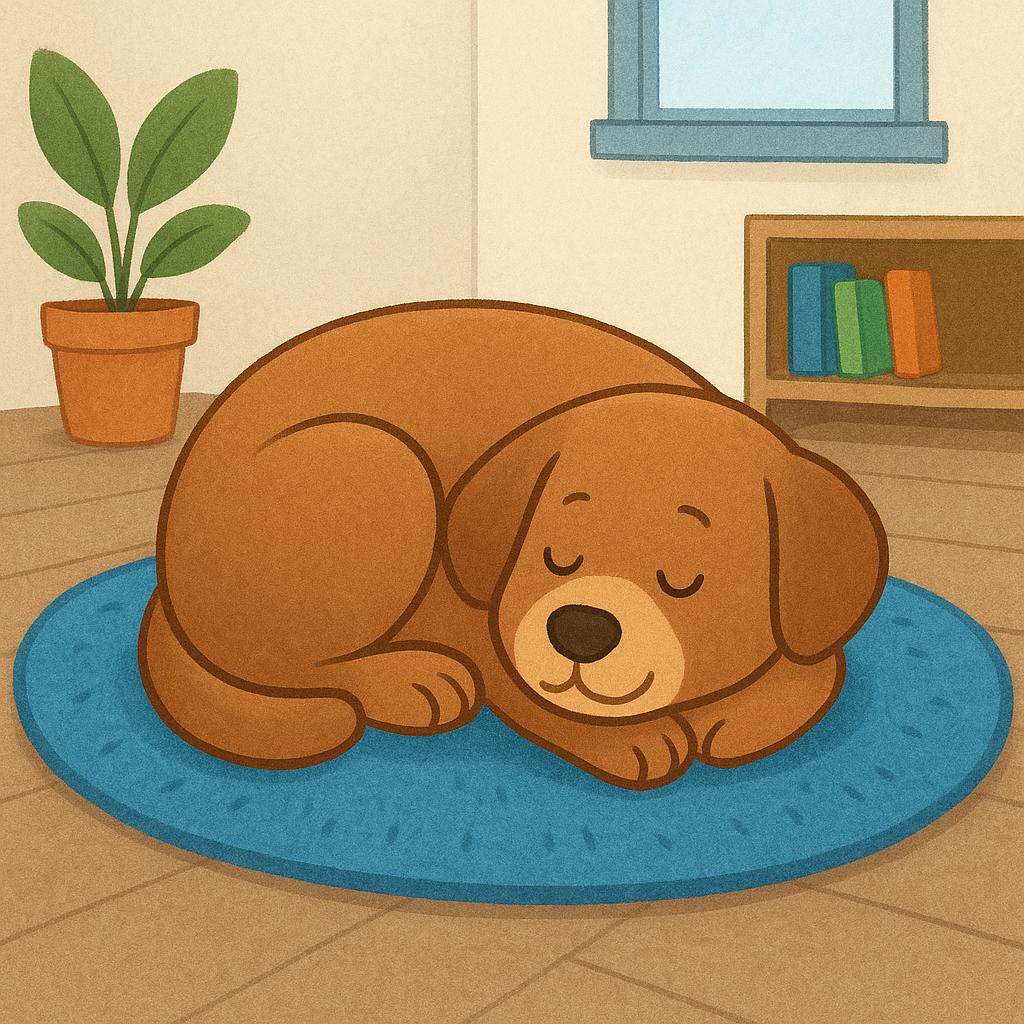 A fluffy brown dog is curled up asleep on a patterned blue rug in a sunlit room, clearly settled and staying put.