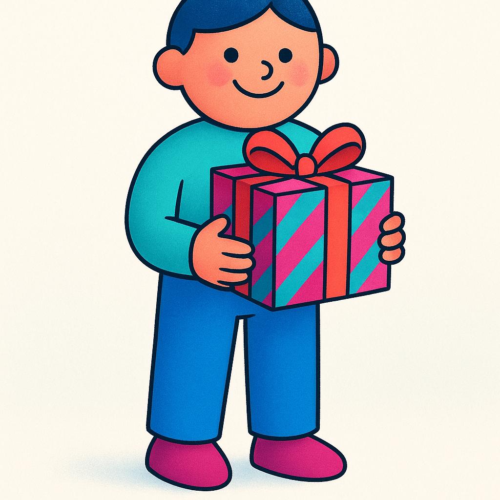 A high quality simple colorful storybook illustration showing a simple figure happily holding a brightly colored, wrapped square gift box in both hands.