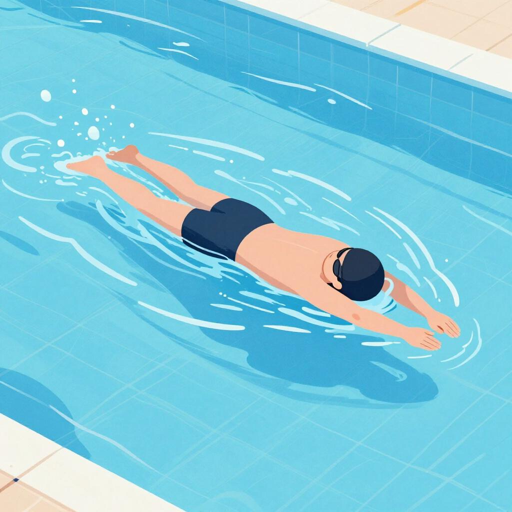 A person swimming through clear blue water with gentle ripples.