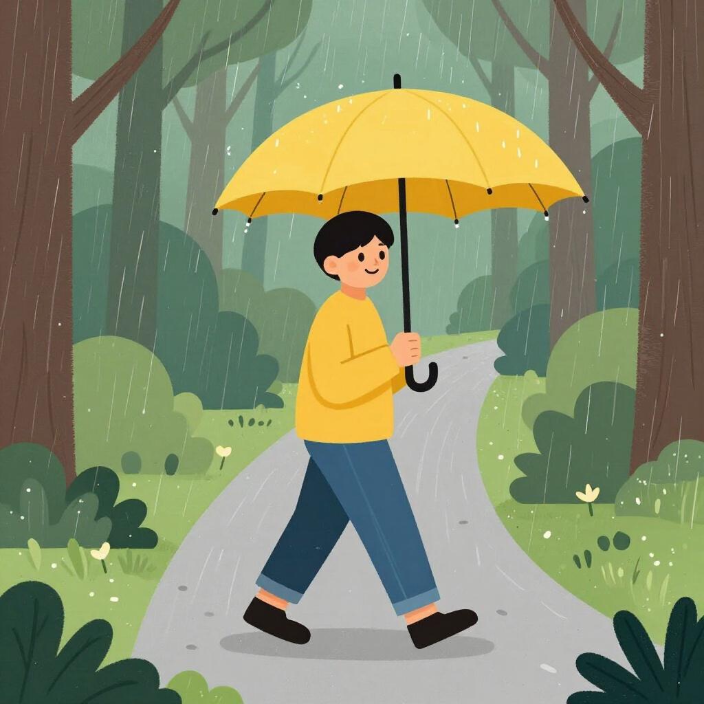 Um caminhante andando em um caminho pela chuva sob um guarda-chuva amarelo brilhante.