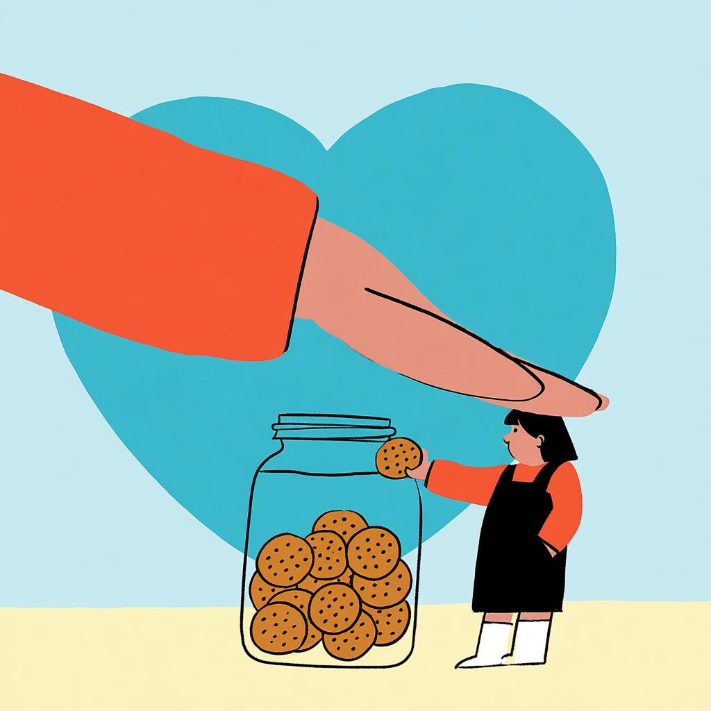 A large adult hand gently but firmly stopping a small child's hand from adding a final item to an already overflowing jar of cookies.