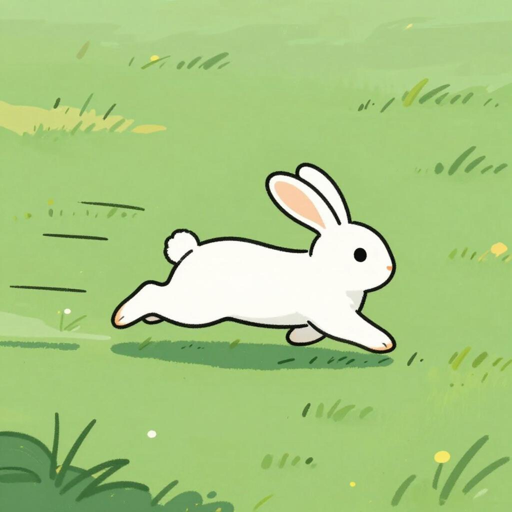 A colorful storybook illustration of a white rabbit running at high speed across a green field, depicted with prominent speed lines trailing behind it.