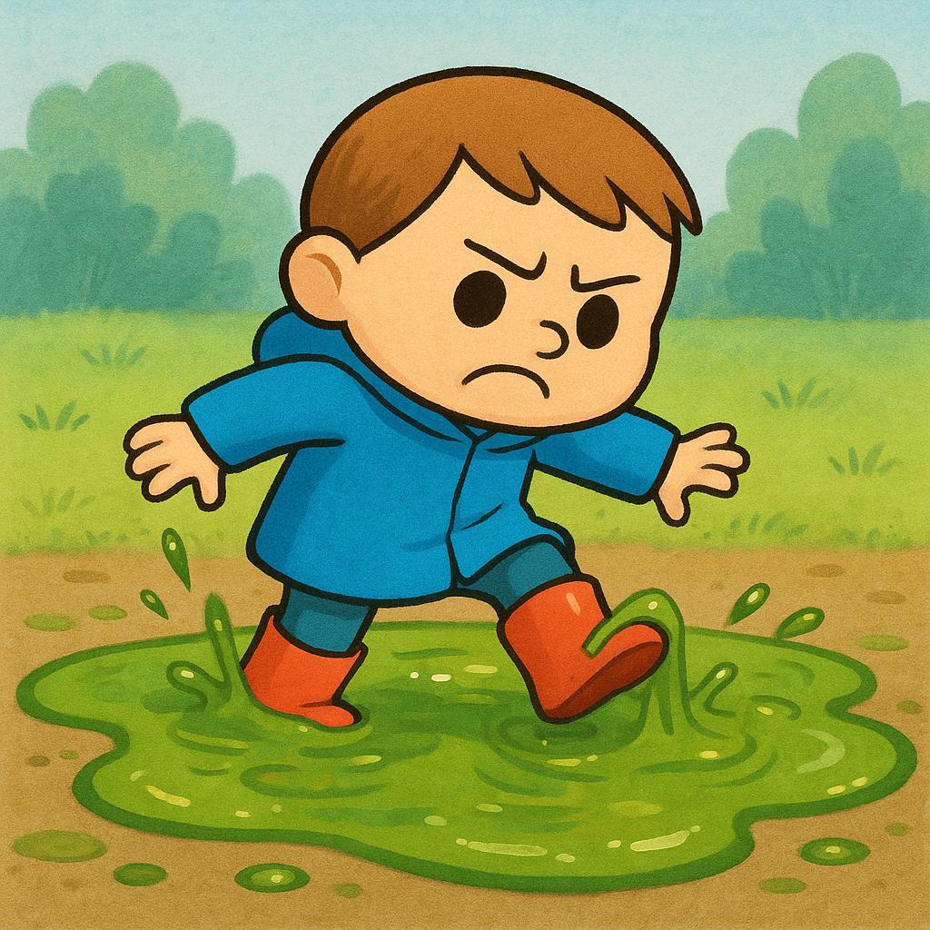 A small, frustrated character stuck in a large puddle of sticky, green mud, unable to step forward, illustrating a delay.