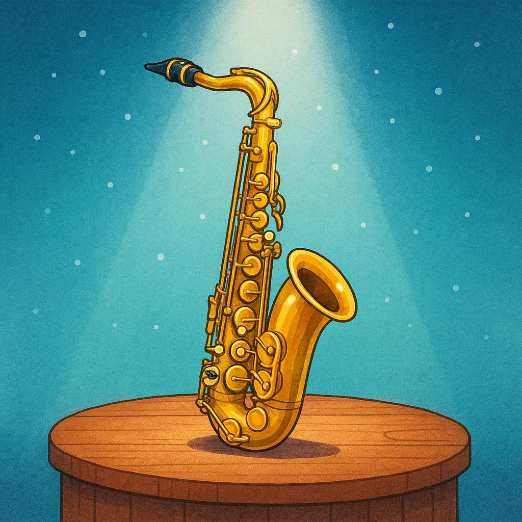 A high-quality illustration of a shiny golden saxophone resting on a small wooden stage, representing the musical genre.