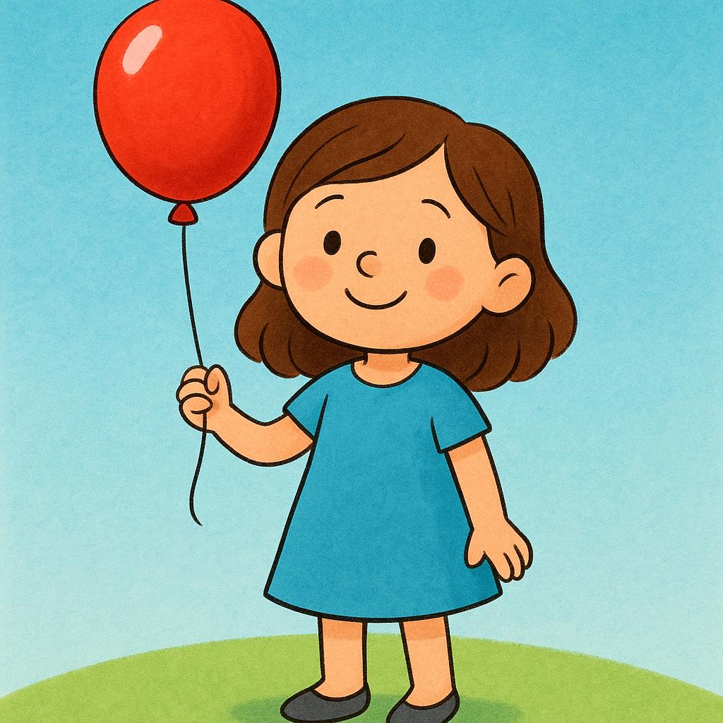 A smiling young girl holding a single bright red balloon, symbolizing possession belonging to her.