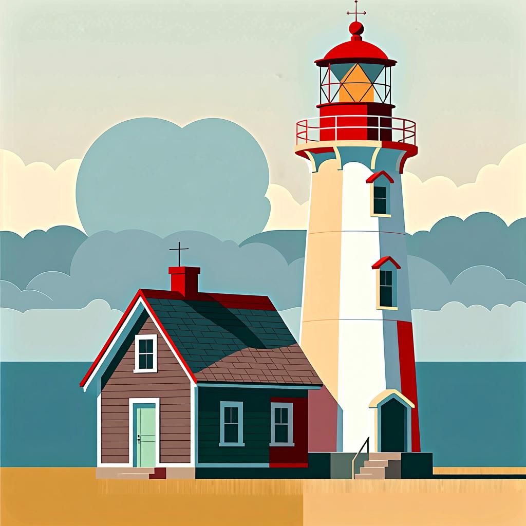 A small, red, pitched-roof house standing immediately next to the base of a tall, white lighthouse.
