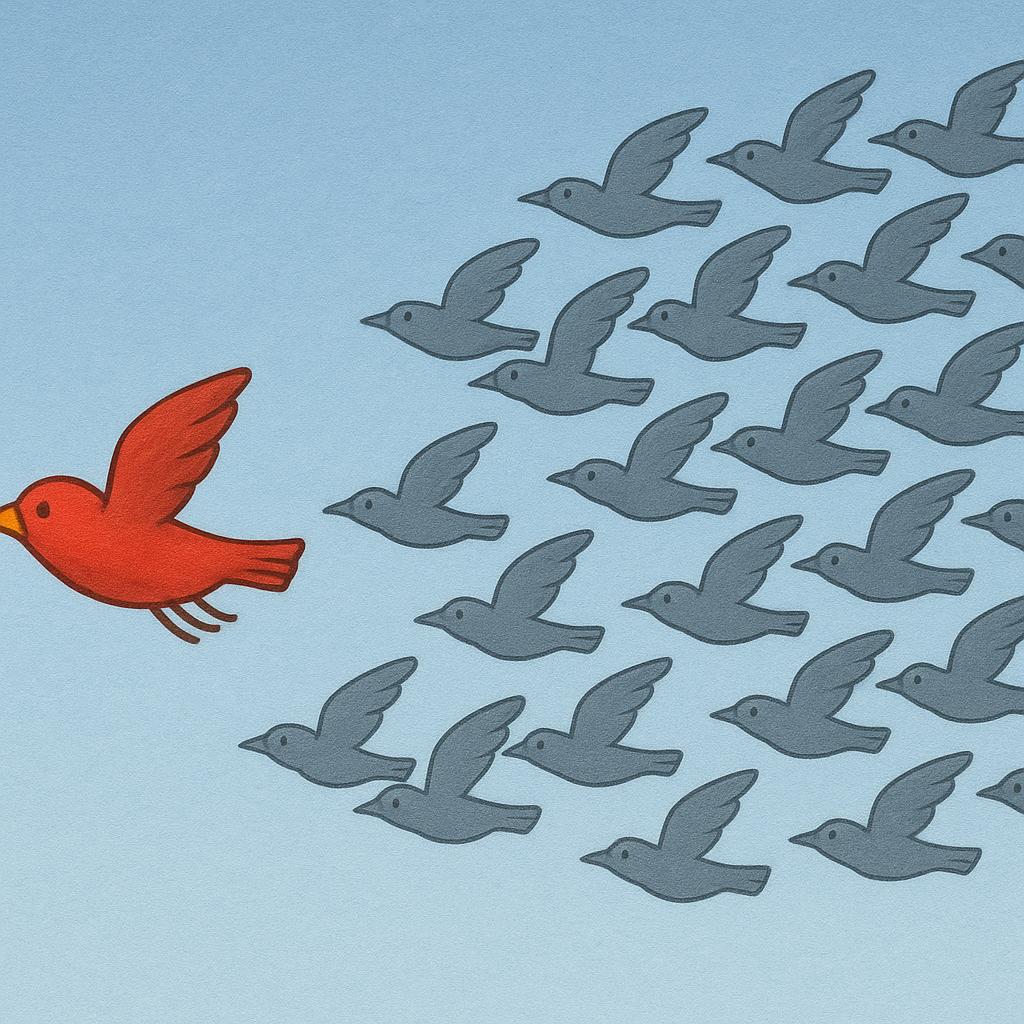 A small, brightly colored bird flying in the opposite direction from a flock of identical, gray birds flying in formation.