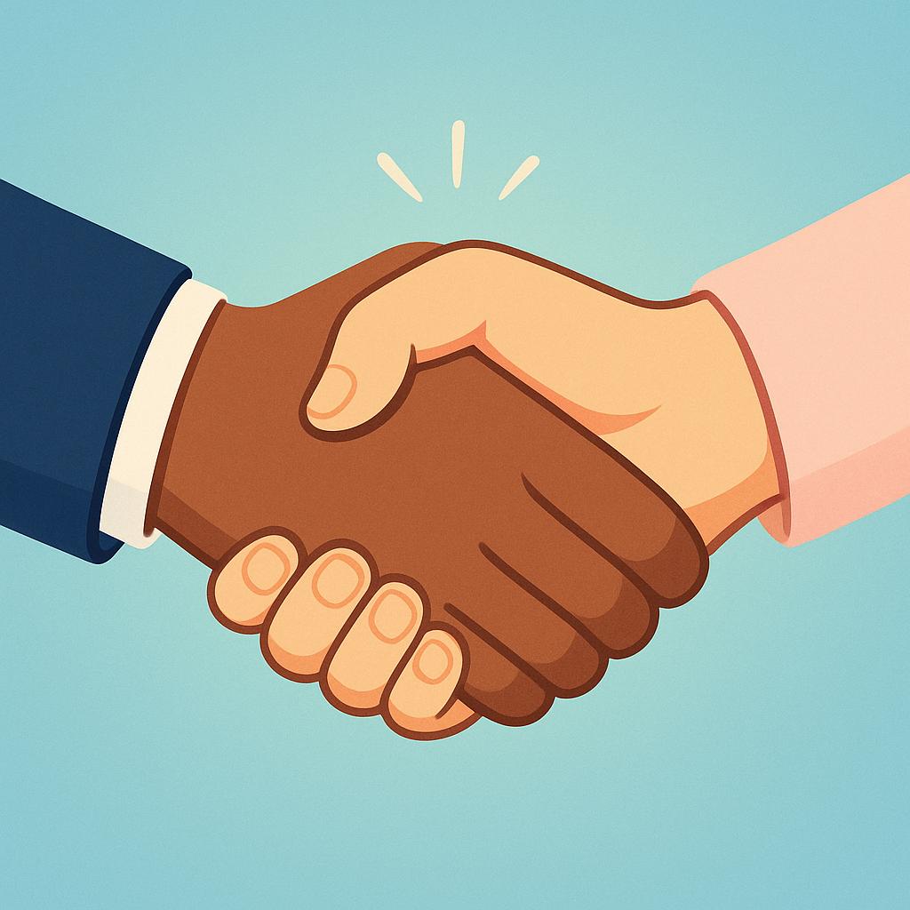 A colorful illustration depicting two stylized hands firmly grasping each other in a handshake, symbolizing a formal agreement or pact.