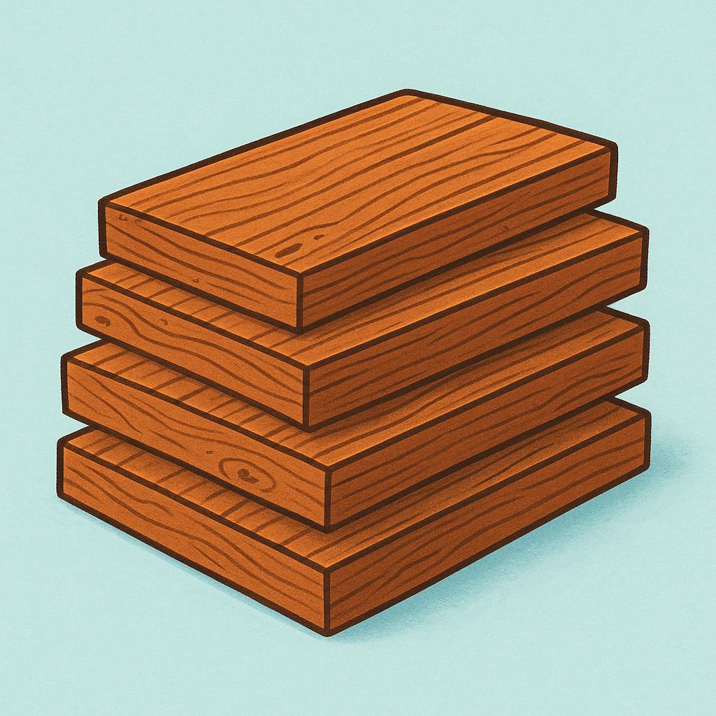 A close-up view of several smooth, brown wooden planks stacked neatly on top of each other.