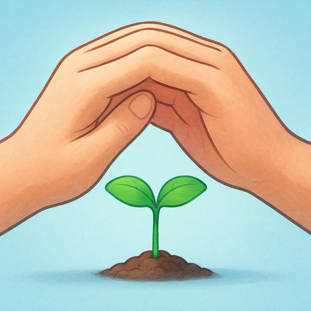 Two large, gentle hands are cupped together, completely enclosing and sheltering a small, bright green seedling.