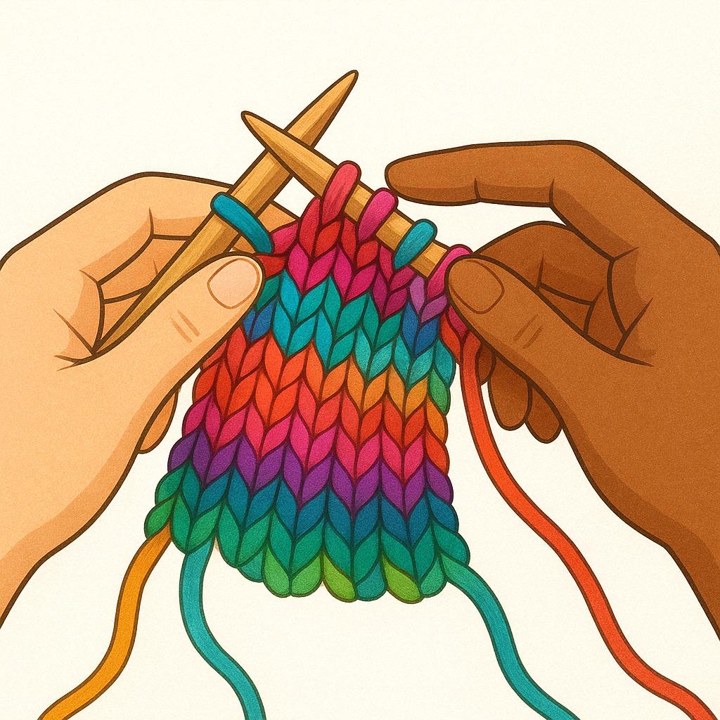 A pair of hands holding knitting needles and brightly colored yarn, actively creating a piece of fabric.